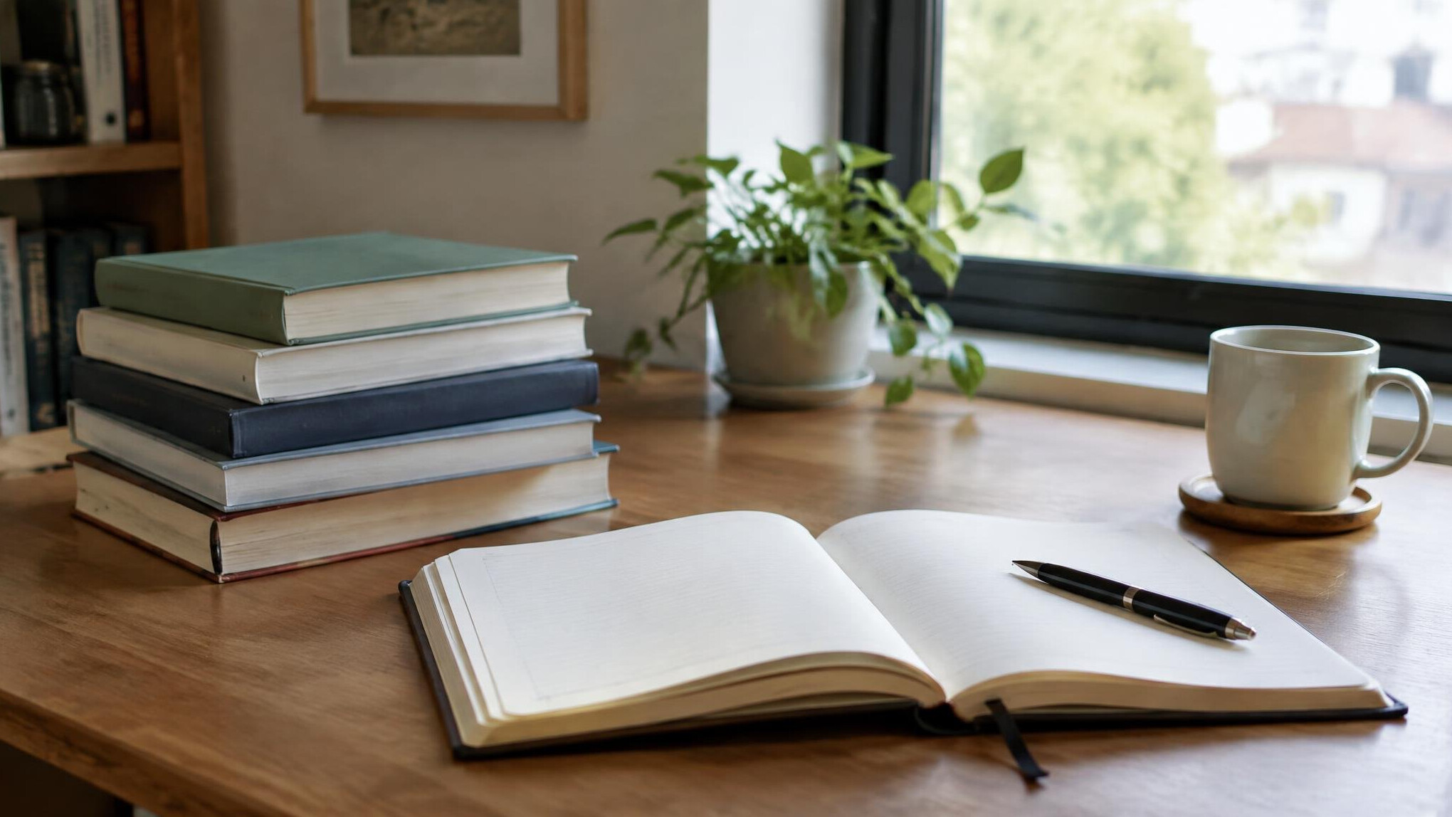 Stack of books and a notebook on a desk for financial education