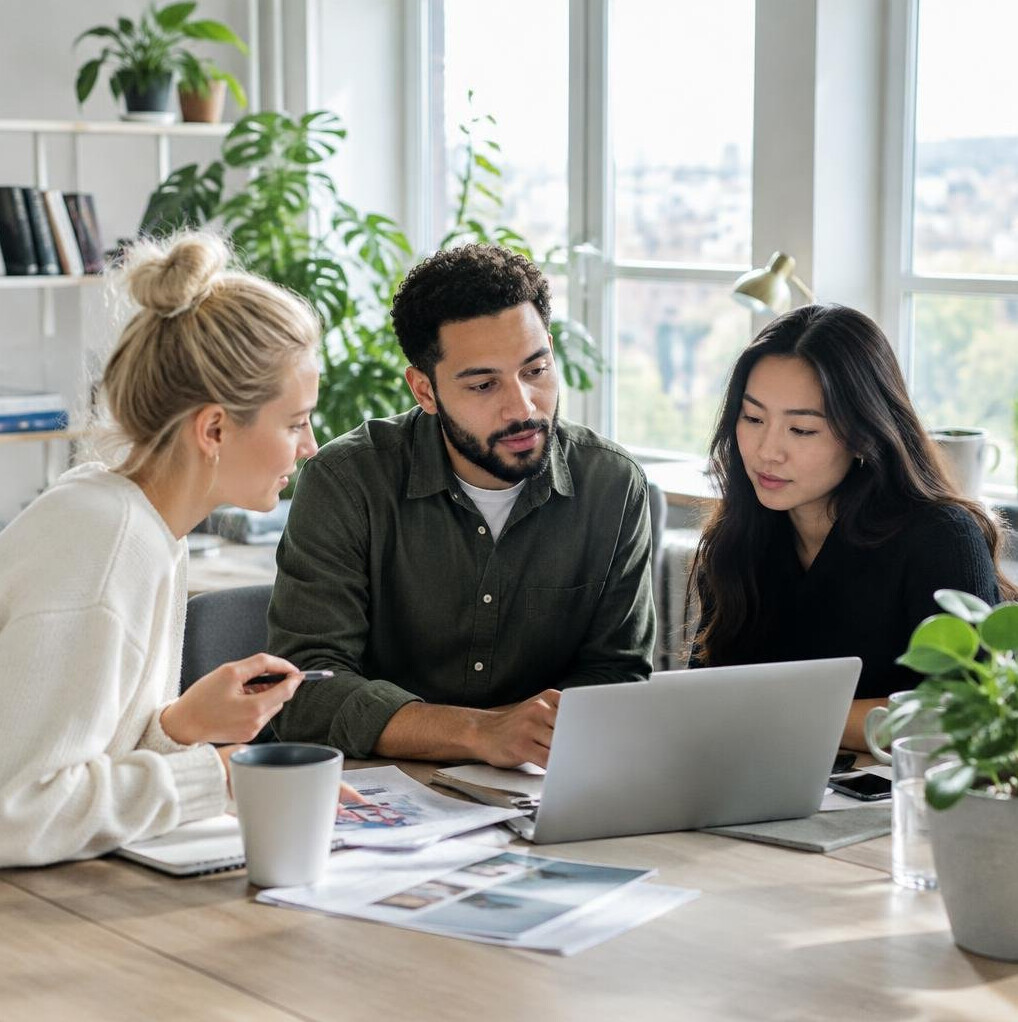 Small editorial team discussing content around a table in a bright office