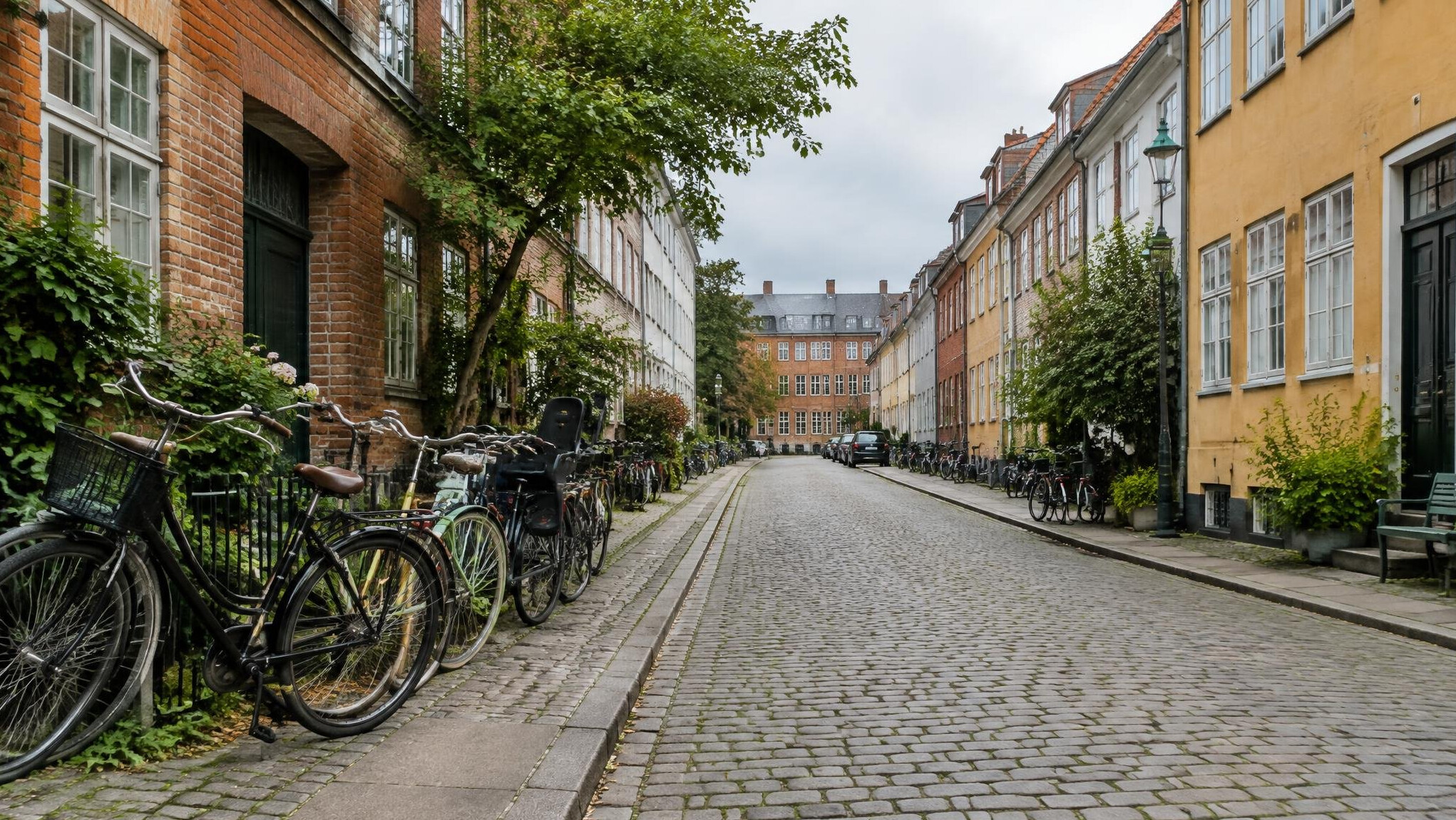 Bicycles parked along a quiet Danish city street with historic buildings